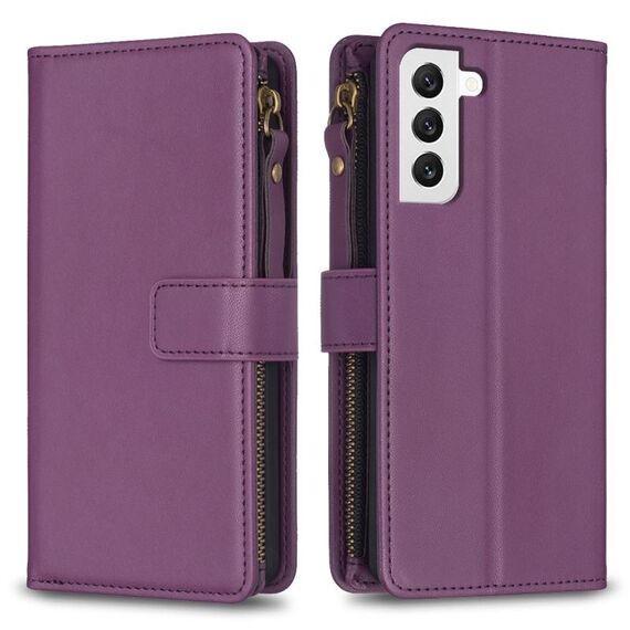 Per Samsung Galaxy S22 5G 9 slot per schede con cerniera portafoglio in pelle custodia per telefono (viola scuro)