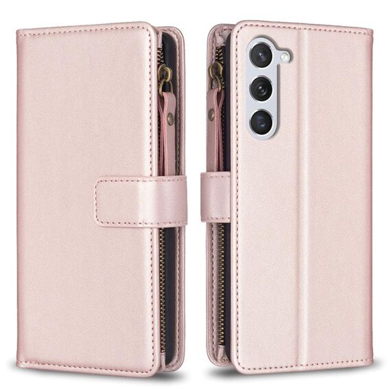 Per Samsung Galaxy S23 5G 9 slot per schede con cerniera portafoglio in pelle flip custodia per telefono (oro rosa)
