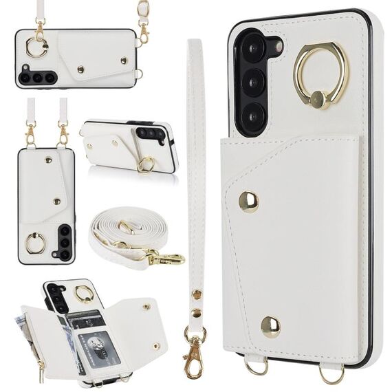Custodia per cellulare con cerniera per Samsung Galaxy S23 5G con doppio cordino (bianco)