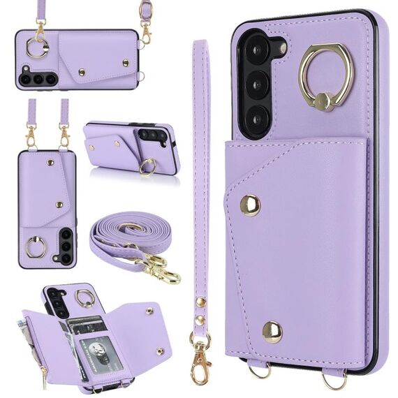 Custodia per cellulare con cerniera per Samsung Galaxy S23 5G con doppio cordino (viola)