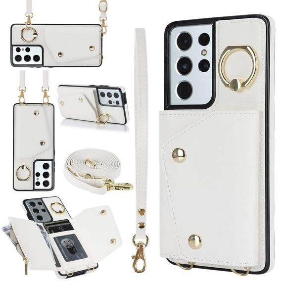 Custodia per cellulare con cerniera per Samsung Galaxy S21 Ultra 5G con doppio cordino (bianco)