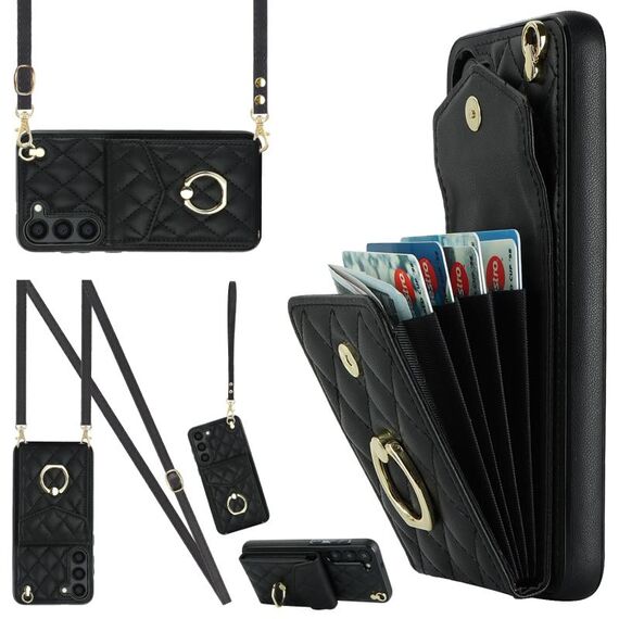 Per Samsung Galaxy S23+ 5G Custodia per telefono a sacchetto con trama rombica con cordino lungo (nero)