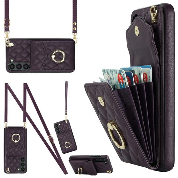 Per Samsung Galaxy S23+ 5G Custodia per telefono a sacchetto con trama rombica con cordino lungo (viola scuro)