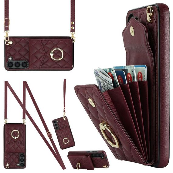 Per Samsung Galaxy S23 5G Custodia per cellulare a forma di rombi con cordino lungo (rosso vino)