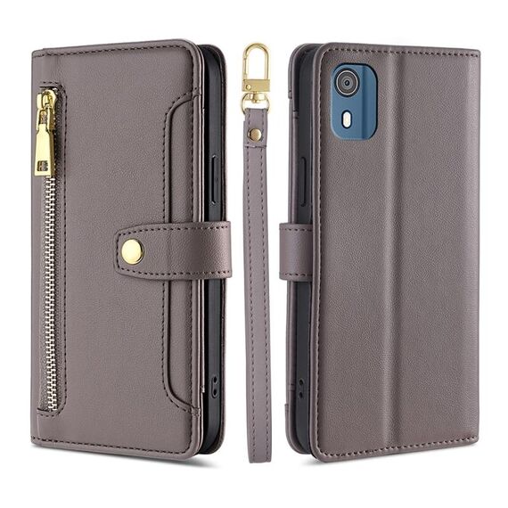 Per Nokia C02 TA-1522 Lite Custodia per telefono in pelle a portafoglio con cerniera a forma di pecora (grigio)