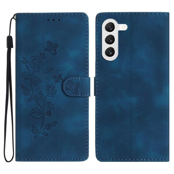 Per Samsung Galaxy S23 5G Custodia per cellulare in pelle con motivo a farfalla fiore (blu)