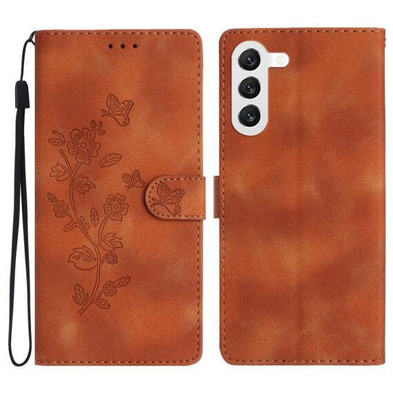 Per Samsung Galaxy S23 5G Custodia per cellulare in pelle con motivo a farfalla fiore (marrone)