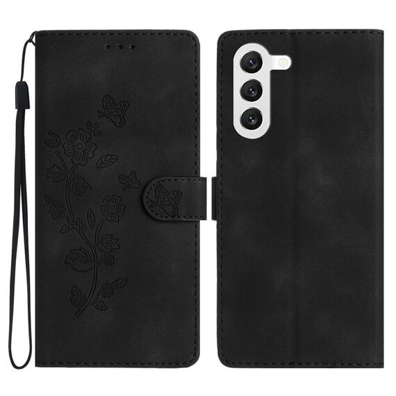 Per Samsung Galaxy S23 5G Custodia per cellulare in pelle con motivo a farfalla fiore (nero)