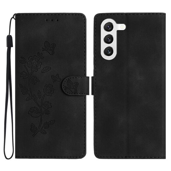 Per Samsung Galaxy S23+ 5G Custodia per cellulare in pelle con motivo a farfalla fiore (nero)