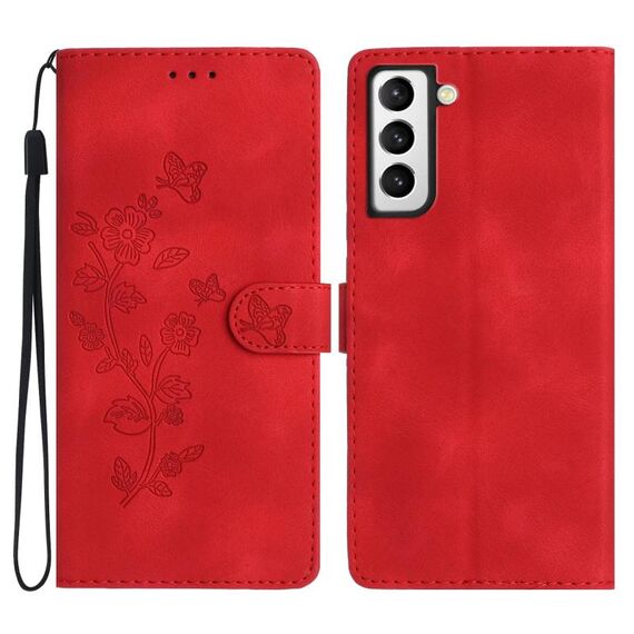 Per Samsung Galaxy S22+ 5G Custodia per cellulare in pelle con motivo a farfalla fiore (rosso)