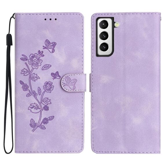 Per Samsung Galaxy S22+ 5G Custodia per telefono in pelle con motivo a farfalla con fiore (viola)