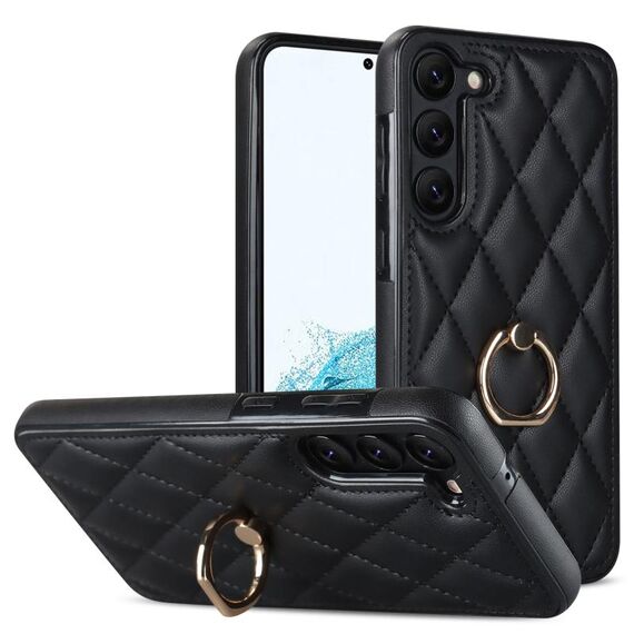 Per Samsung Galaxy S23 5G custodia in pelle PU romboidale con supporto ad anello (nero)