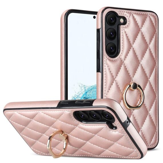 Per Samsung Galaxy S23 5G custodia in pelle PU rombica con supporto ad anello (oro rosa)