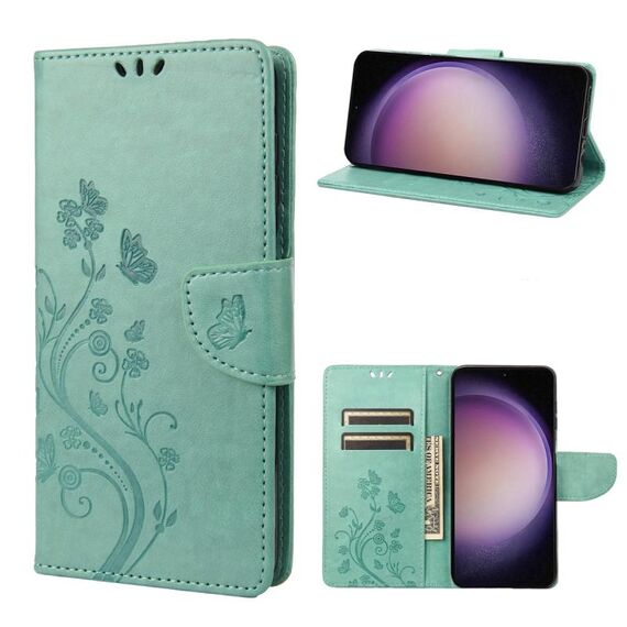 Per Samsung Galaxy S23 5G Custodia per cellulare in pelle con motivo floreale a farfalla (verde)