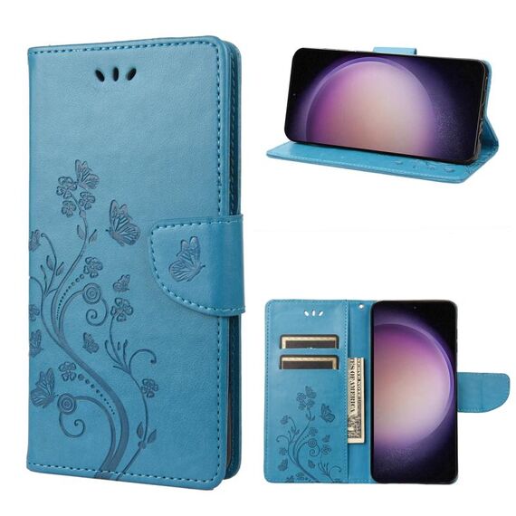 Per Samsung Galaxy S23+ 5G Custodia per cellulare in pelle con motivo floreale a farfalla (blu)