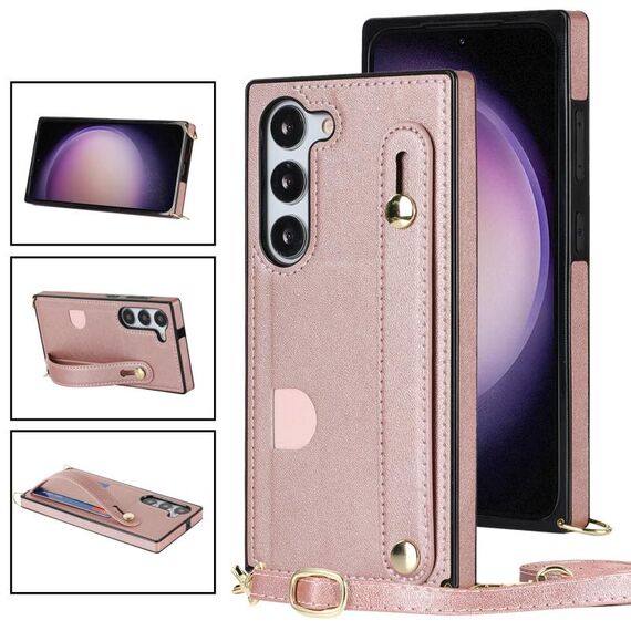 Per Samsung Galaxy S23 + 5G Custodia per telefono quadrata con supporto per cinturino a tracolla (oro rosa)