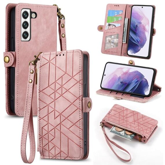 Custodia in pelle per Samsung Galaxy S23 5G con cerniera geometrica e fibbia laterale (rosa)