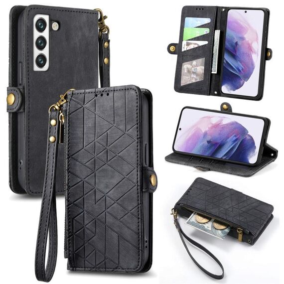Per Samsung Galaxy S22 + 5G Custodia per cellulare in pelle con cerniera geometrica e fibbia laterale (nero)