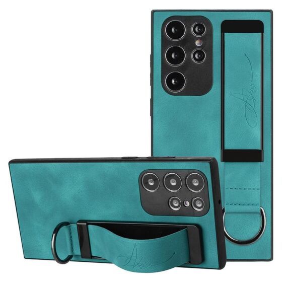 Per Samsung Galaxy S22 Ultra 5G Custodia per cinturino posteriore in pelle con supporto per telefono (verde)