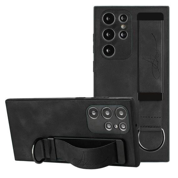 Per Samsung Galaxy S22 Ultra 5G Custodia per cinturino posteriore in pelle con supporto per telefono (nero)