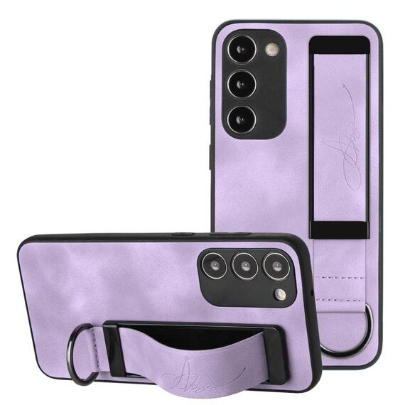 Per Samsung Galaxy S23 5G Custodia per cinturino posteriore in pelle con supporto per telefono (viola)