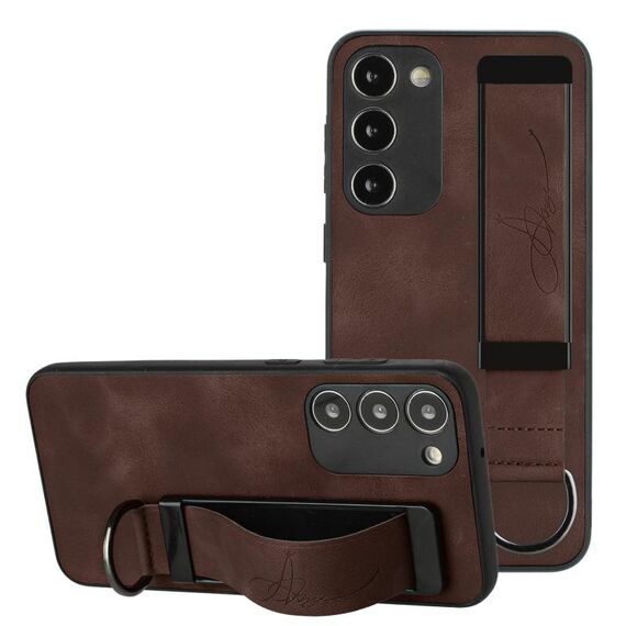 Per Samsung Galaxy S23 + 5G Custodia per cinturino posteriore in pelle con supporto per telefono (caffè)