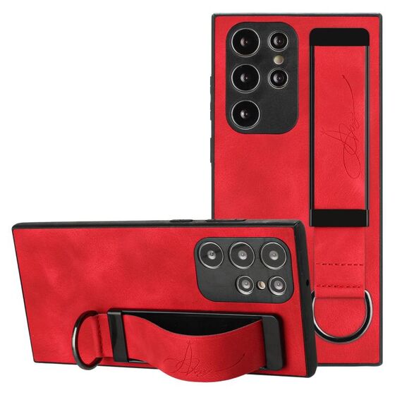 Per Samsung Galaxy S23 Ultra 5G Custodia per cinturino posteriore in pelle con supporto per telefono (rosso)