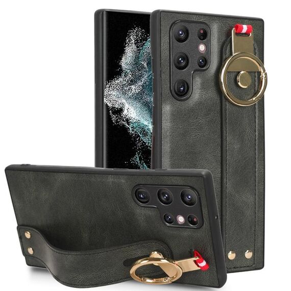 Custodia posteriore in pelle con cinturino per Samsung Galaxy S22 Ultra 5G (verde)