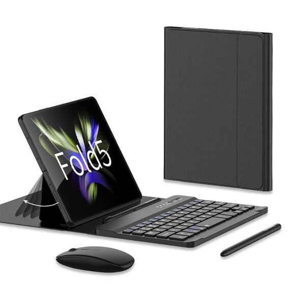Custodia in pelle per tastiera Bluetooth con regolazione dell'ingranaggio GKK per Samsung Galaxy Z Fold5 con penna + tastiera + mouse + custodia (nero)