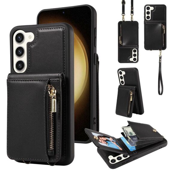 Per Samsung Galaxy S23 + 5G Crossbody Lanyard Zipper Wallet Custodia in pelle per telefono (nero)