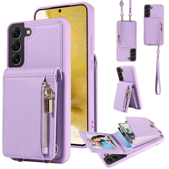 Per Samsung Galaxy S22 + 5G Crossbody Lanyard Zipper Wallet Custodia in pelle per telefono (viola)