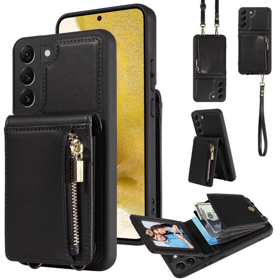 Per Samsung Galaxy S22 + 5G Crossbody Lanyard Zipper Wallet Custodia in pelle per telefono (nero)