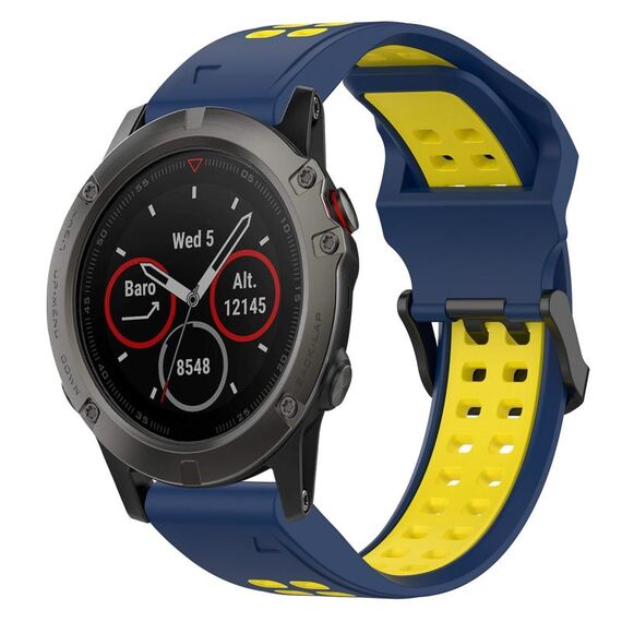 Per Garmin Fenix 5X 26mm cinturino in silicone con fibbia inversa bicolore (blu + giallo)