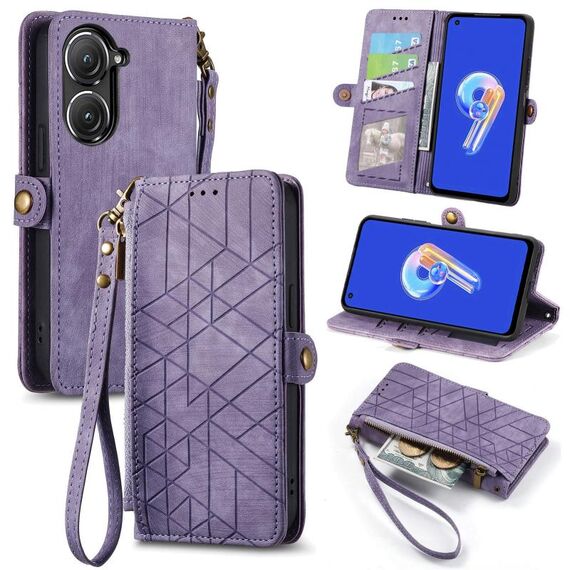 Custodia per telefono in pelle con fibbia laterale per ASUS Zenfone 10 con cerniera geometrica (viola)