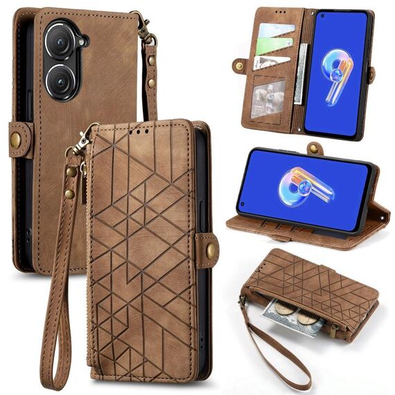 Per ASUS Zenfone 10 Custodia per telefono in pelle con fibbia laterale con cerniera geometrica (marrone)