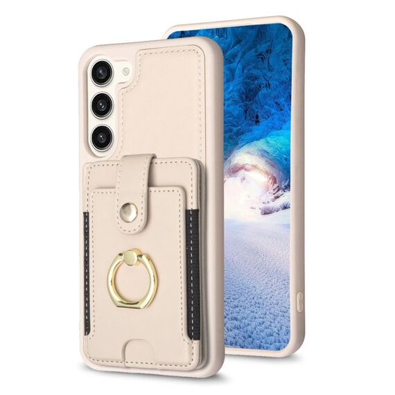 Per Samsung Galaxy S23+ 5G BF27 Custodia per telefono con porta carte di credito ad anello in metallo (beige)