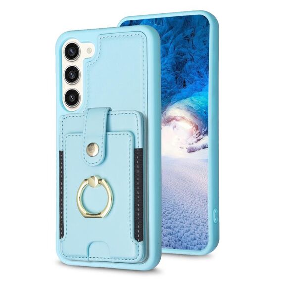 Per Samsung Galaxy S23 + 5G BF27 Custodia per telefono con porta carte di credito ad anello in metallo (blu)
