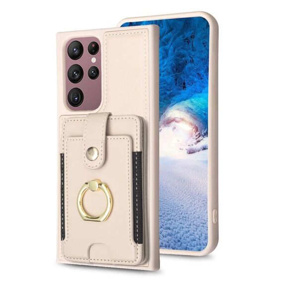 Per Samsung Galaxy S22 Ultra 5G BF27 Custodia per cellulare con porta carte di credito ad anello in metallo (beige)