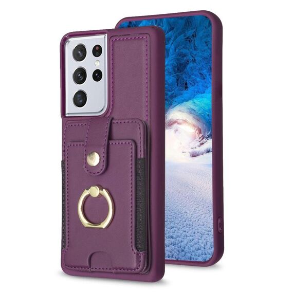 Per Samsung Galaxy S21 Ultra 5G BF27 Custodia per cellulare con porta carte di credito ad anello in metallo (viola scuro)