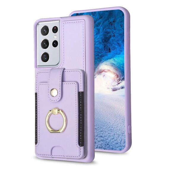 Per Samsung Galaxy S21 Ultra 5G BF27 Custodia per cellulare con porta carte di credito ad anello in metallo (viola)