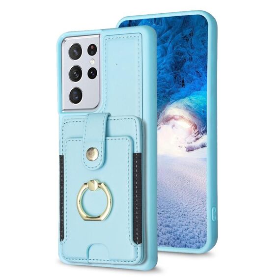 Per Samsung Galaxy S21 Ultra 5G BF27 Custodia per cellulare con porta carte di credito ad anello in metallo (blu)