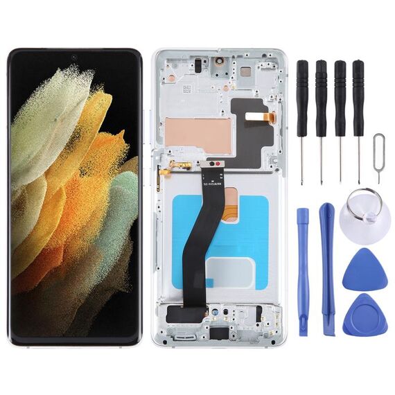 Schermo LCD OLED per Samsung Galaxy S21 Ultra 5G SM-G998B Digitizer Assemblaggio completo con cornice (argento)