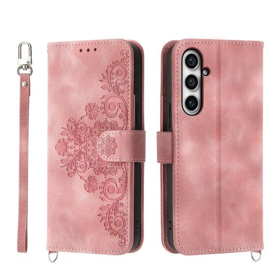 Per Samsung Galaxy S23 FE 5G Custodia a portafoglio in pelle con fiori in rilievo (rosa)