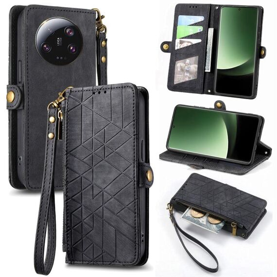 Custodia per telefono in pelle con fibbia laterale per portafoglio con cerniera ultra geometrica Xiaomi 13 (nero)