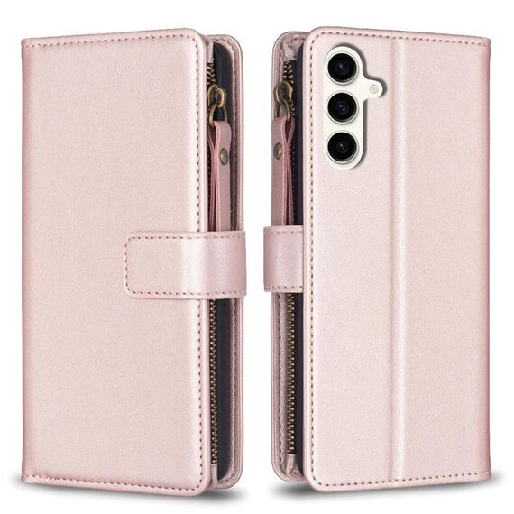 Per Samsung Galaxy S23 FE 5G 9 slot per schede con cerniera portafoglio in pelle flip custodia per telefono (oro rosa)