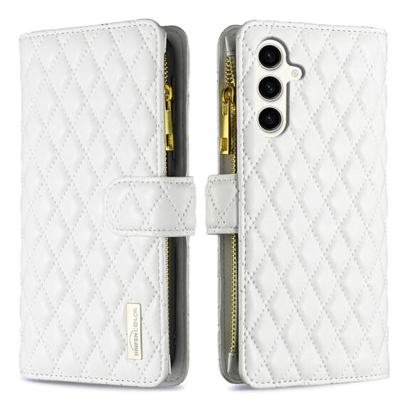 Per Samsung Galaxy S23 FE 5G Diamond Lattice Zipper Wallet Custodia in pelle per telefono a conchiglia (bianca)