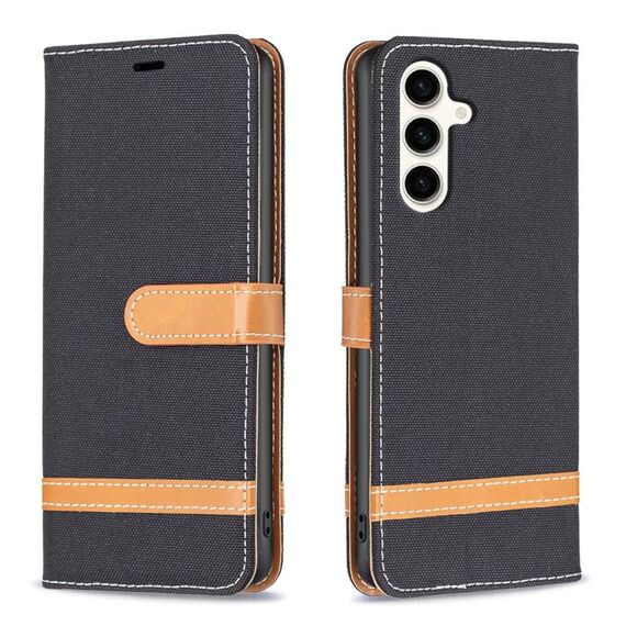 Per Samsung Galaxy S23 FE 5G Custodia per telefono in pelle con texture denim a blocchi di colore (nero)