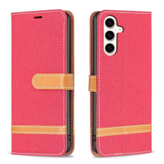 Per Samsung Galaxy S23 FE 5G Custodia per telefono in pelle color block Denim Texture (rosso)