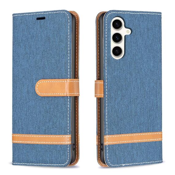 Per Samsung Galaxy S23 FE 5G Custodia per telefono in pelle con texture denim a blocchi di colore (blu scuro)