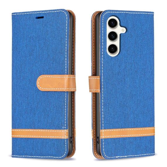 Per Samsung Galaxy S23 FE 5G Custodia per telefono in pelle con texture denim a blocchi di colore (blu reale)